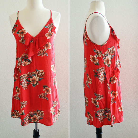 Dresses & Skirts - Red Tropical Floral Ruffle Tank Dress Size Small